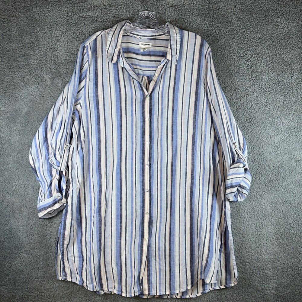 ARTISAN NY 100% Linen Roll Tab Long Sleeve Striped Long Tunic Size 1X